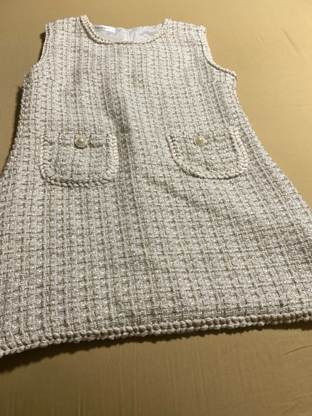 Cream Tweed Sleeveless Shift Dress with Pearl Pocket Buttons